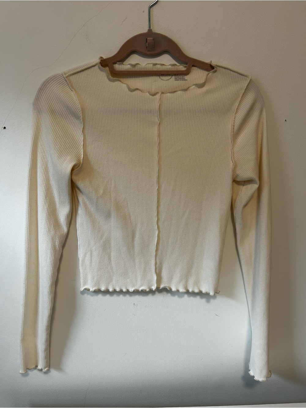 aerie Cream Ribbed Lettuce-Edge Long Sleeve Top
